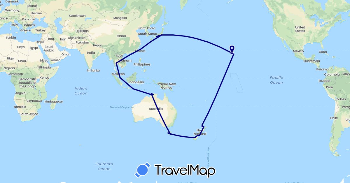 TravelMap itinerary: driving in Australia, Indonesia, Japan, New Zealand, Singapore, Thailand, Taiwan, United States (Asia, North America, Oceania)